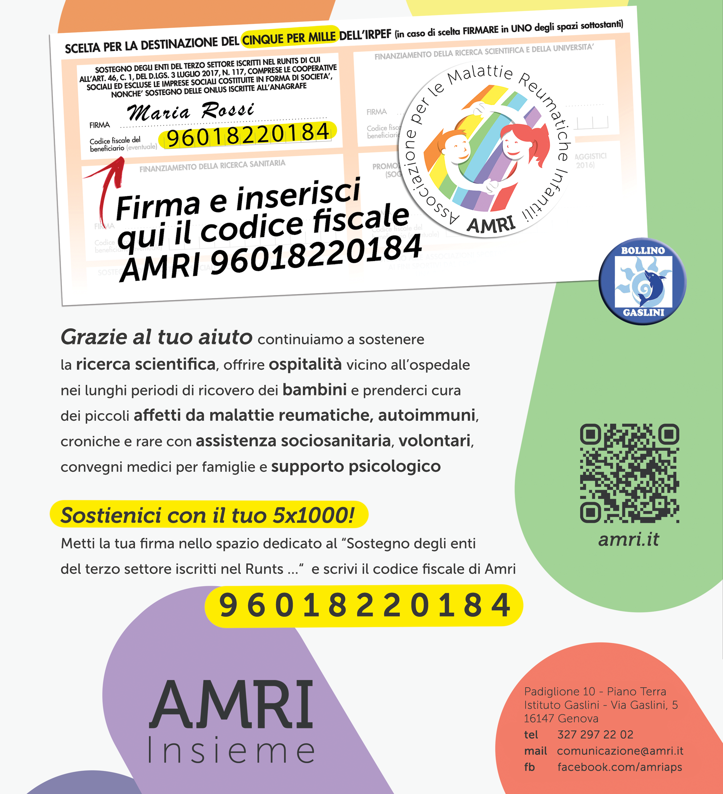Volantino Amri Aps dedicato al 5x1000 con il codice fiscale 96018220184