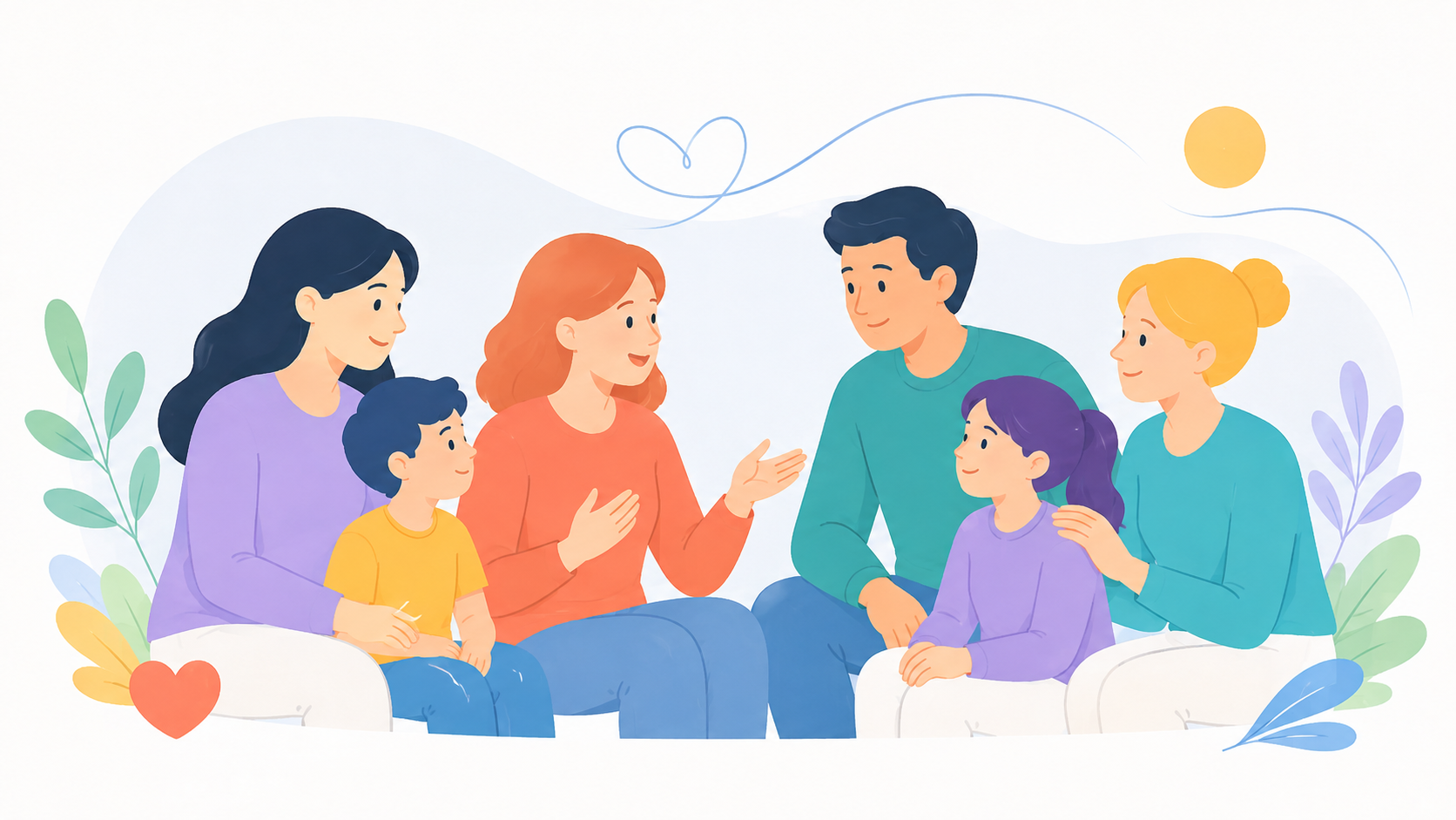 Famiglie con bambini e ragazzi si incontrano e parlano, in un'illustrazione dedicata all'ascolto e al confronto dopo una diagnosi